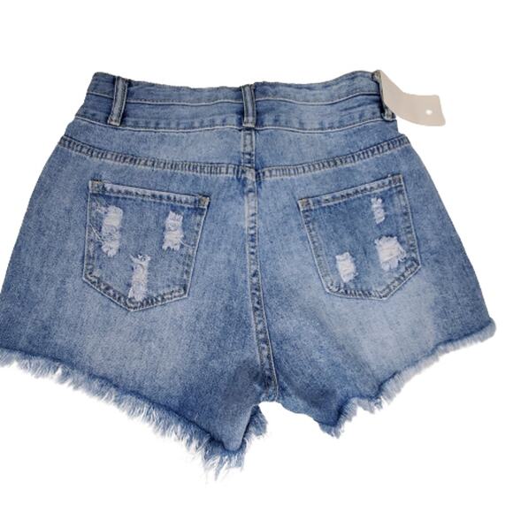 Blue Distressed Cut Off Jean Shorts High Waist 2 Button Size Medium NEW - Picture 2 of 5